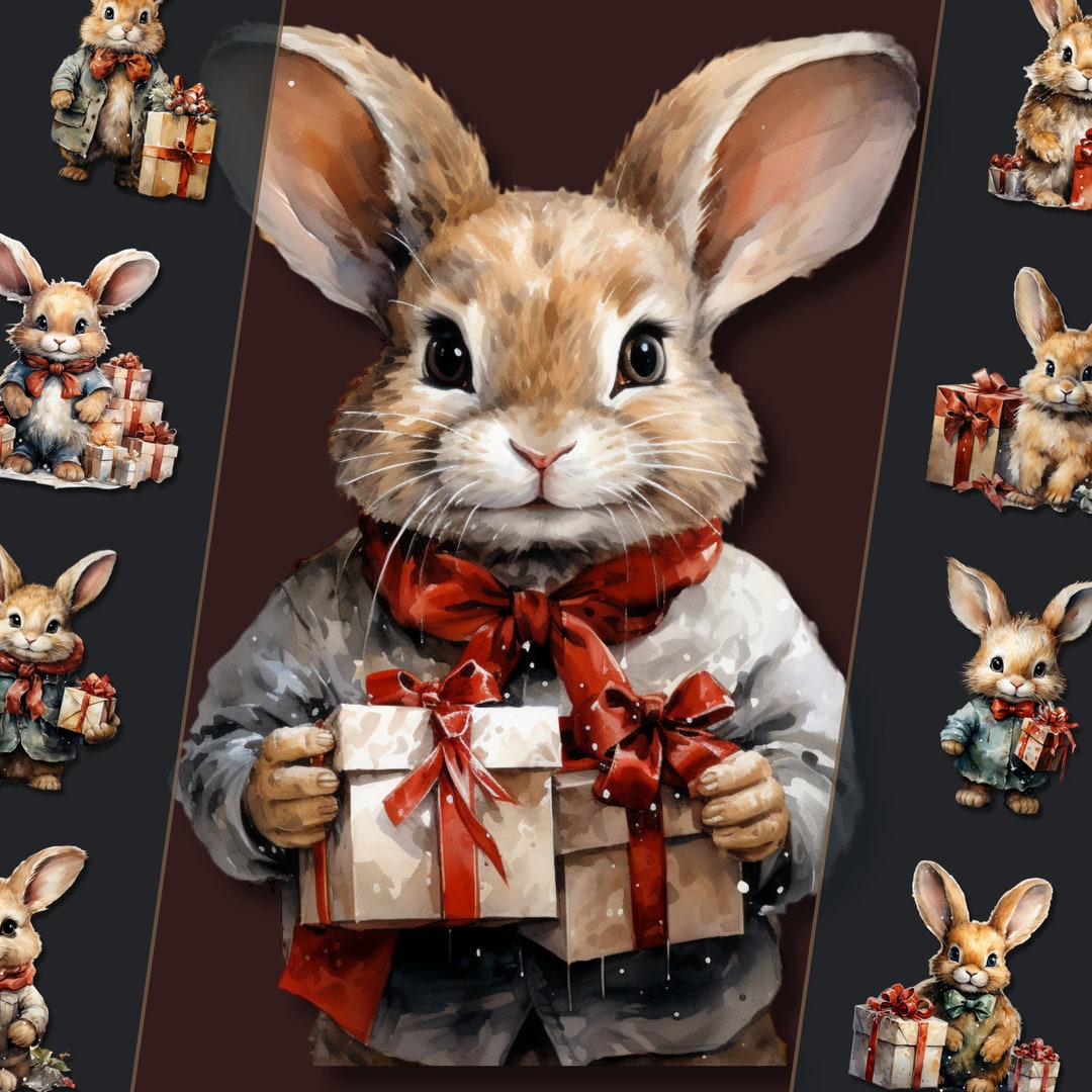 Christmas Bunny Clipart Bundle PNG Ideal for Digital Art, Junk Journal