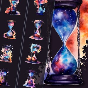Paquete de imágenes prediseñadas de reloj de arena celestial Ilustraciones de relojes místicos, archivos PNG, descarga instantánea, perfecto para uso personal y comercial