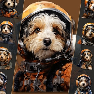 Pacote de clipart de astronauta de cachorrinho fofinho, ilustrações de cachorrinhos adoráveis em formato PNG, download instantâneo para uso pessoal e comercial