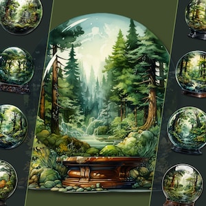 Magisch bos in kristallen bol PNG-clipartbundel – voor persoonlijk en commercieel gebruik – ideaal voor junkjournal, scrapbooking en digitale ambachten