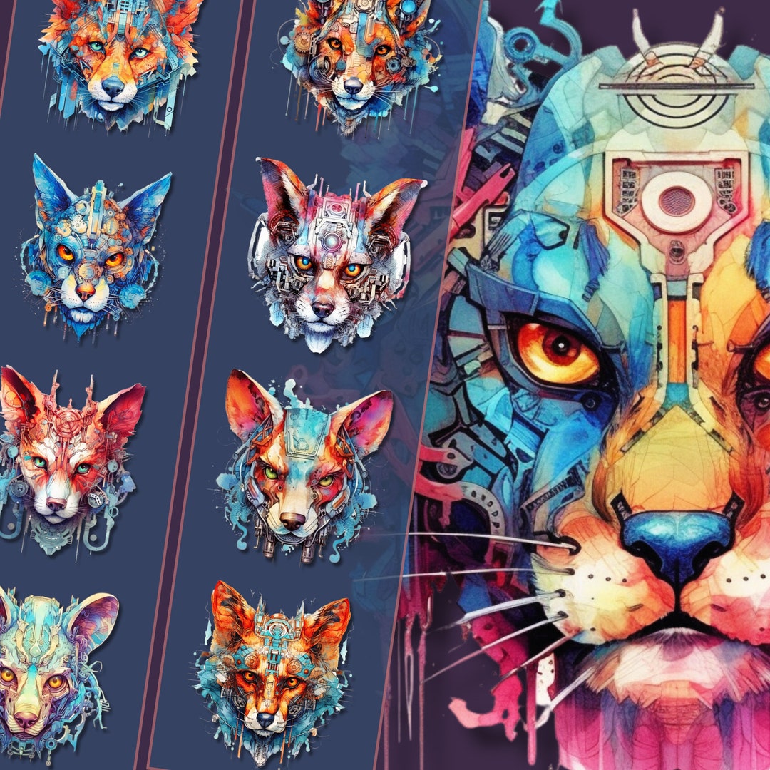 Cyberpunk Animal Clipart Bundle Highresolution PNG Files, Futuristic