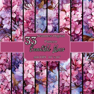 Hermosos patrones sin costuras de lilas, fragantes fondos digitales florales de 10 x 10 pulgadas, 400 DPI, para uso comercial y personal
