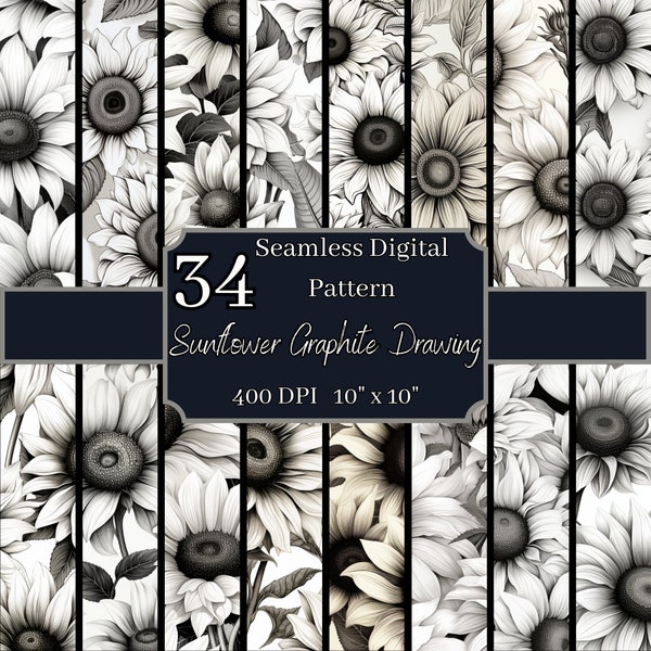 Sunflower Graphite Drawing Seamless Patterns Bundle, High-Resolution 400 DPI, 10x10 Inch Digital Backgrounds, For Commercial & Personal Use