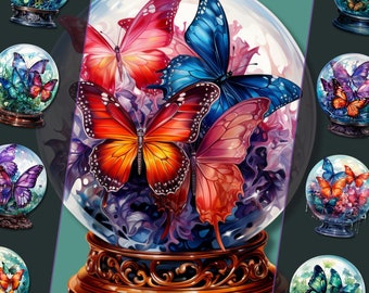 Magical Butterflies in Crystal Ball Clipart Bundles, PNG , Digital Design, Personal & Commercial Use, Instant Download