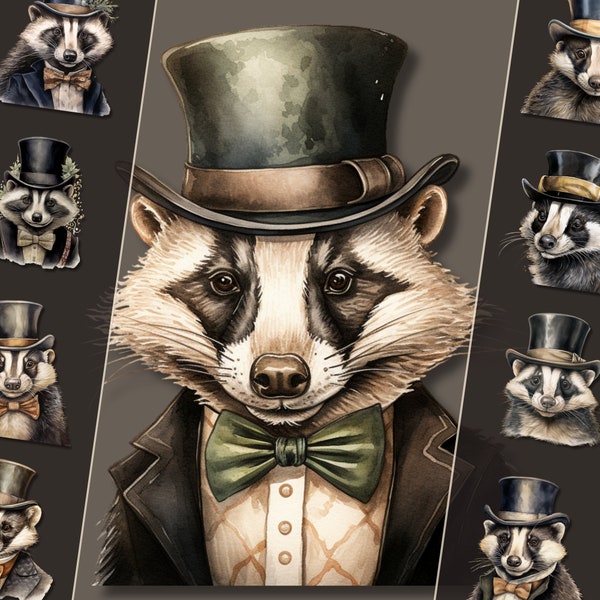 Dapper Badger Clipart Bundle, PNG format, Artistic Creations, Junk Journals, Digital Design, for Personal & Commercial Use, Instant Download