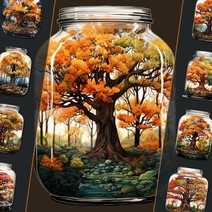 Herbst Baum in einem Glas Clipart Bundle, PNG, für digitale Kunst, Junk Journal und digitales Handwerk, Illustrationen für persönlichen und kommerziellen Gebrauch