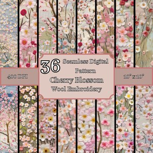 Kirschblüten Wolle Stickerei Nahtlose Muster Bündel, hochauflösende 400 DPI, 10x10 Zoll digitale Hintergründe, kommerzieller und persönlicher Gebrauch