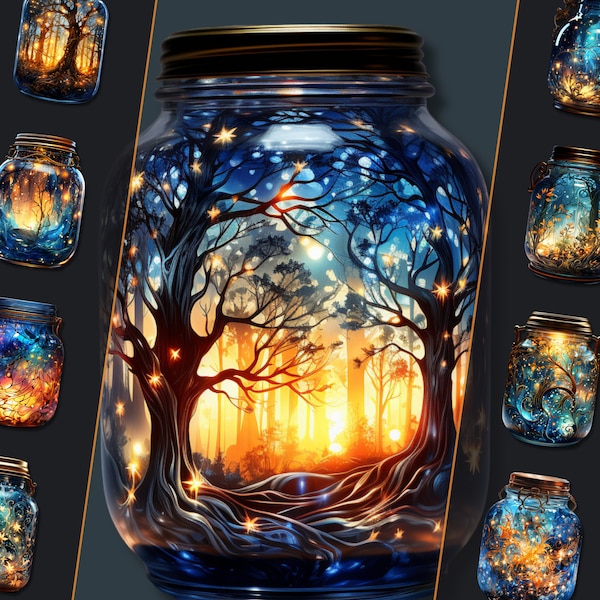 Jar with Fairy Lights Clipart Bundle, PNG format, for Artistic Creations and Digital Design, for Personal & Commercial Use, Instant Download