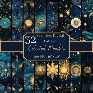 Pacchetto di modelli senza giunture Mandala celeste, mistico 400 DPI, sfondi digitali spirituali 10x10 pollici, per uso personale e commerciale