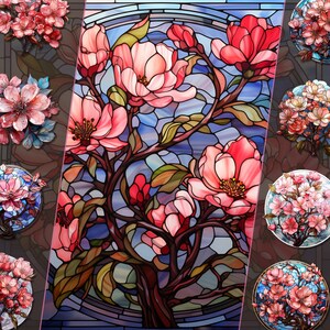 Bundle de cliparts fleur de pommier en vitrail - fichiers PNG, pour usage personnel et commercial - journal indésirable, créations de cartes, dessins floraux
