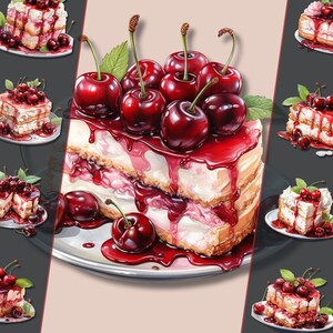 Kirsch-Käsekuchen Clipart Bundle, PNG-Format, für künstlerische Kreationen, Junk Journals und Digital Design, für den persönlichen und kommerziellen Gebrauch