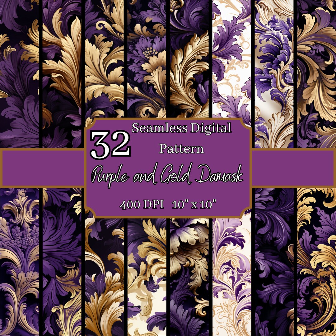 Purple and Gold Damask Seamless Patterns Bundle, High-resolution 400 ...