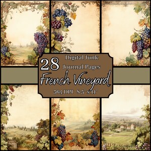 French Vineyard Old Vintage Junk Journal Pages Bundle, 8,5 x 11, 364 DPI, commercieel en persoonlijk gebruik, digitale download, wijngaardkunst