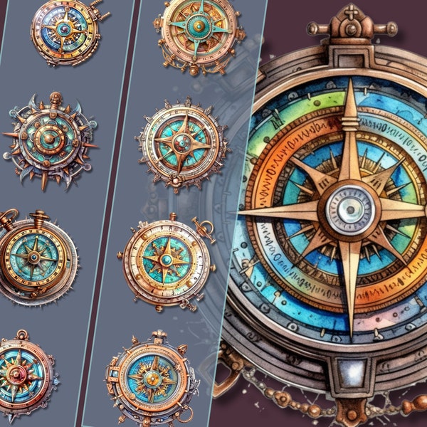 Steampunk Compass Clipart Bundle - High-Resolution PNG Files, Instant Download, Perfect for Personal & Commercial Use