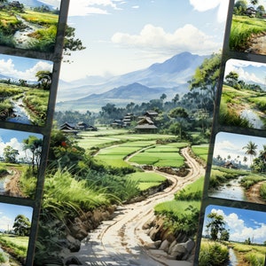 Clipartbundel rijstveld - serene landbouwillustraties, png-bestanden met hoge resolutie, witte achtergrond, voor persoonlijk en commercieel gebruik