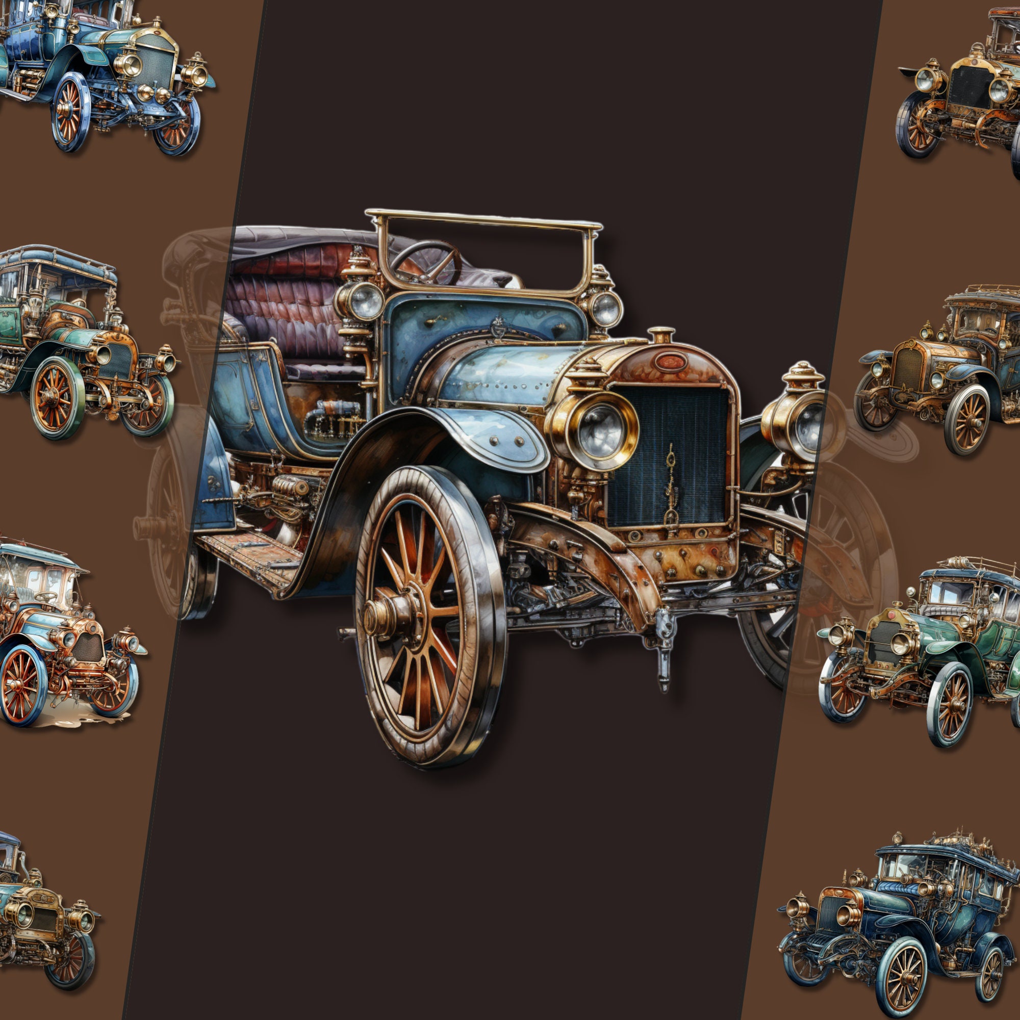 Steampunk Cars Clipart Bundle, PNG clipart, Vintage Mechanical Vehicles, Personal & Commercial Use, Ideal for Digital Crafts, junk journal
