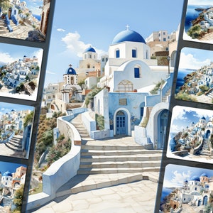 Lot de cliparts Santorin, Grèce, vues pittoresques de la mer Égée, idéal pour les créations sur le thème des voyages et les projets artistiques, pour un usage personnel et commercial