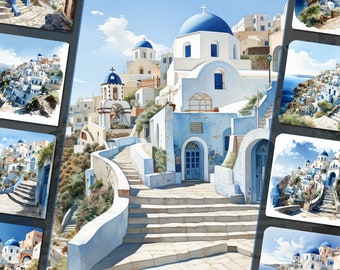 Santorini Greece Clipart Bundle, Picturesque Aegean Views,  Ideal for Travel-Themed Designs and Art Projects, for Personal & Commercial Use