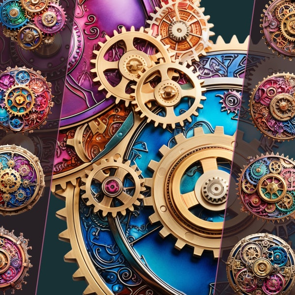 Iridescent Steampunk Cogs and Gears Clipart Bundle, PNG, Digital Art, Junk Journals and digital Crafts, for Personal & Commercial Use