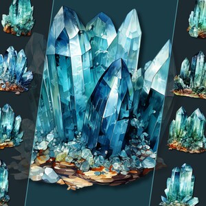 Aquamarijn edelsteen clipartbundel, serene blauwgroene kristalillustraties in png-formaat direct downloaden voor commercieel gebruik