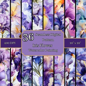 Iris bloem aquarel naadloze patronen bundel, hoge resolutie 400 DPI, 10 x 10 inch digitale achtergronden, commercieel en persoonlijk gebruik