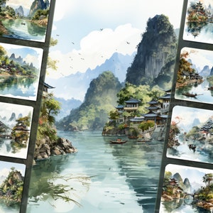 Guilin Scenery Clipart-bundel, PNG-indeling, Artistieke creaties, Junk Journals, Digitaal ontwerp, Persoonlijk en commercieel gebruik, Instant Download