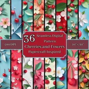 Kirschen und Blumen Papierkunst inspiriert nahtlose Muster Bündel, 400 DPI, 10x10 Zoll digitale Hintergründe, für kommerziellen und persönlichen Gebrauch