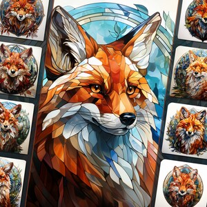 Bundle de cliparts renard vitrail, format PNG, pour créations artistiques, journaux indésirables et conception numérique, pour un usage personnel et commercial