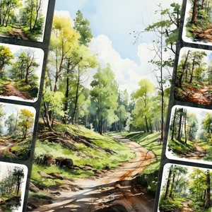 Bundle de cliparts sentier forestier printanier - illustrations de la nature enchanteresse, fichiers PNG, fond blanc, parfait pour un usage personnel et commercial