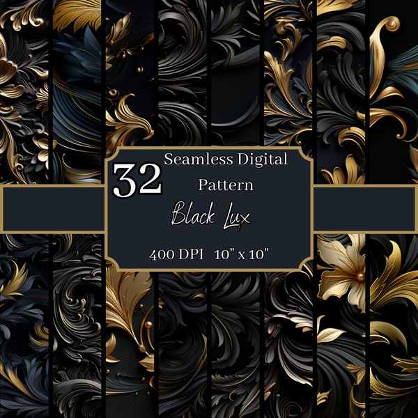 Black Lux Seamless Patterns Bundle, Sophisticated 400 DPI, 10x10 Inch Luxury Digital Backgrounds, For Commercial & Personal Use