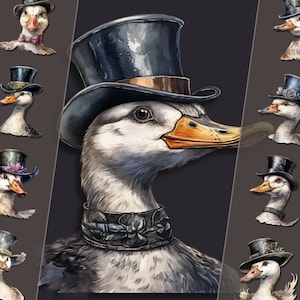 Pacote de clipart de ganso usando cartola, formato PNG, periódicos indesejados e design digital, para uso pessoal e comercial, download instantâneo