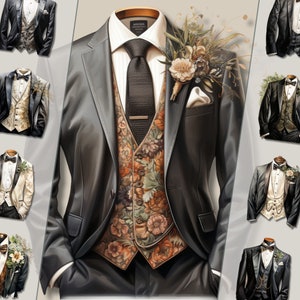 Pacote de clipart de smoking de casamento vintage, ilustrações clássicas de elegância do noivo em formato PNG Download instantâneo para uso comercial