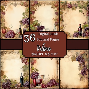 Vintage wijnthema bundel oude vintage ongewenste dagboekpagina's, 8,5 x 11, 364 DPI, commercieel en persoonlijk gebruik, digitale download, wijnmakerijkunst
