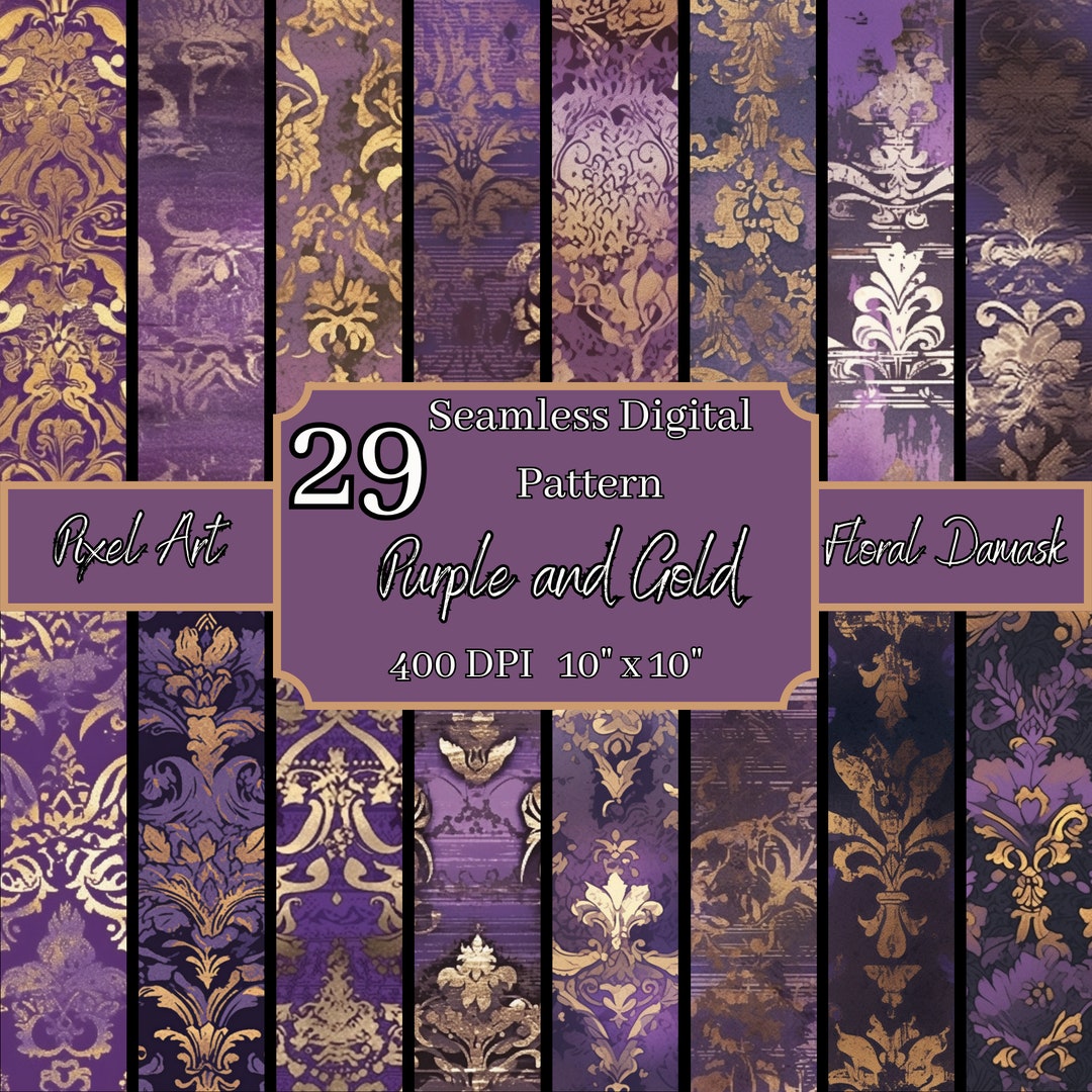 Pixel Art Purple and Gold Floral Damask Seamless Patterns Bundle, High ...