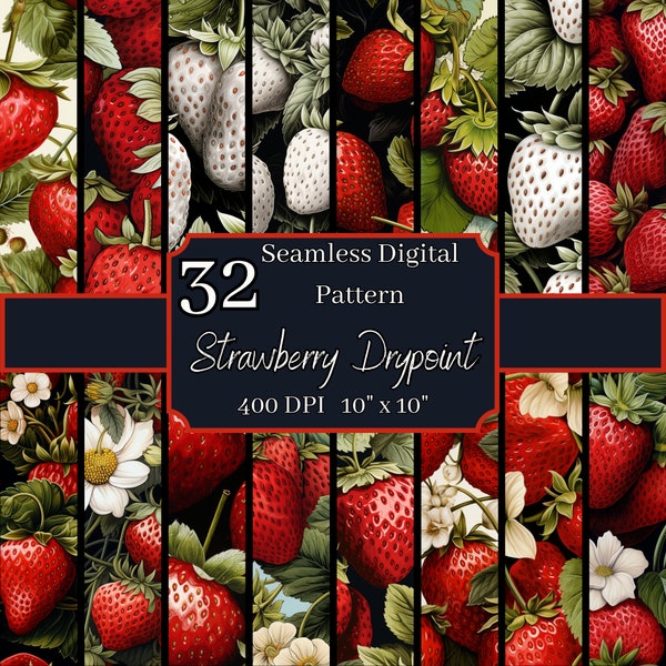 Strawberry Drypoint Seamless Patterns Bundle, High-Resolution 400 DPI, 10x10 Inch Digital Backgrounds, For Commercial & Personal Use