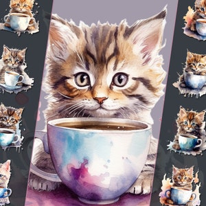 Kätzchen mit Kaffee Clipart Bundle, entzückende Katze PNG Clipart Illustrationen, persönlichen und kommerziellen Gebrauch, ideal für digitales Kunsthandwerk, Junk Journal