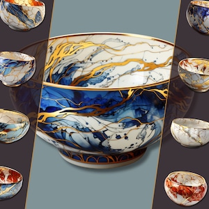 Paquete Kintsugi Bowl Clipart, PNG, para arte digital, diario basura y artesanías digitales, ilustraciones artísticas para uso personal y comercial