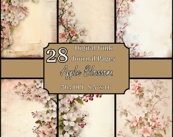 Apple Blossom Junk Journal Pages Bundle, 8.5x11, 364 DPI, Commercial & Personal Use, Digital Download, Spring Crafting, Floral Scrapbooking