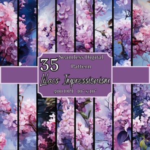 Paquete de patrones sin costuras de impresionismo en lilas, fondos digitales florales vibrantes de 10 x 10 pulgadas, 400 DPI, para uso comercial y personal