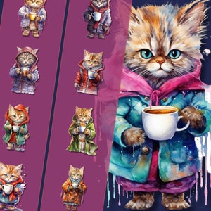 Lot de cliparts chat tenant un café - fichiers PNG haute résolution, téléchargement immédiat, parfait pour un usage personnel et commercial