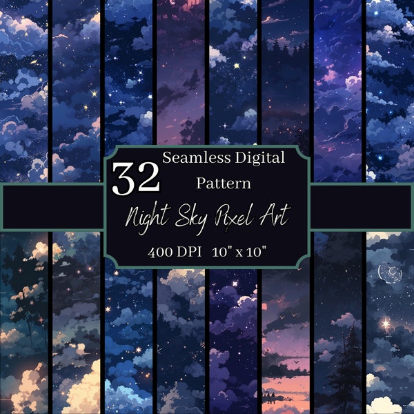 Night Sky Pixel Art Seamless Patterns Bundle, Retro 400 DPI, 10x10 Inch Celestial Digital Backgrounds, For Commercial & Personal Use