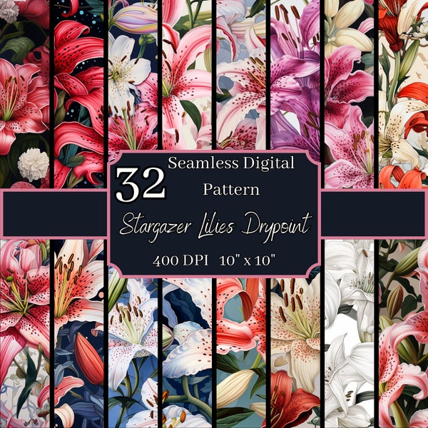 Stargazer Lilies Drypoint Seamless Patterns Bundle, High-Resolution 400 DPI, 10x10 Inch Digital Backgrounds, For Commercial & Personal Use