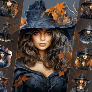 Bundle de cliparts belle sorcière - fichiers PNG, pour usage personnel et commercial - journal indésirable, créations de cartes, projets de décoration d'Halloween