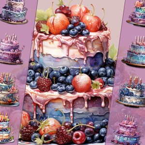 Lot de cliparts pour gâteaux d'anniversaire aux baies, usage personnel et commercial, illustrations pour cartes d'anniversaire, invitations, scrapbooking, junkjournals !