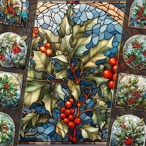 Bundle de cliparts houx en vitrail de Noël - fichiers PNG, pour usage personnel et commercial indésirable Journal, créations de cartes, projets de décoration de vacances