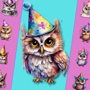 Coruja usando chapéu de aniversário, formato PNG, para periódicos indesejados e design digital, para uso pessoal e comercial, download instantâneo
