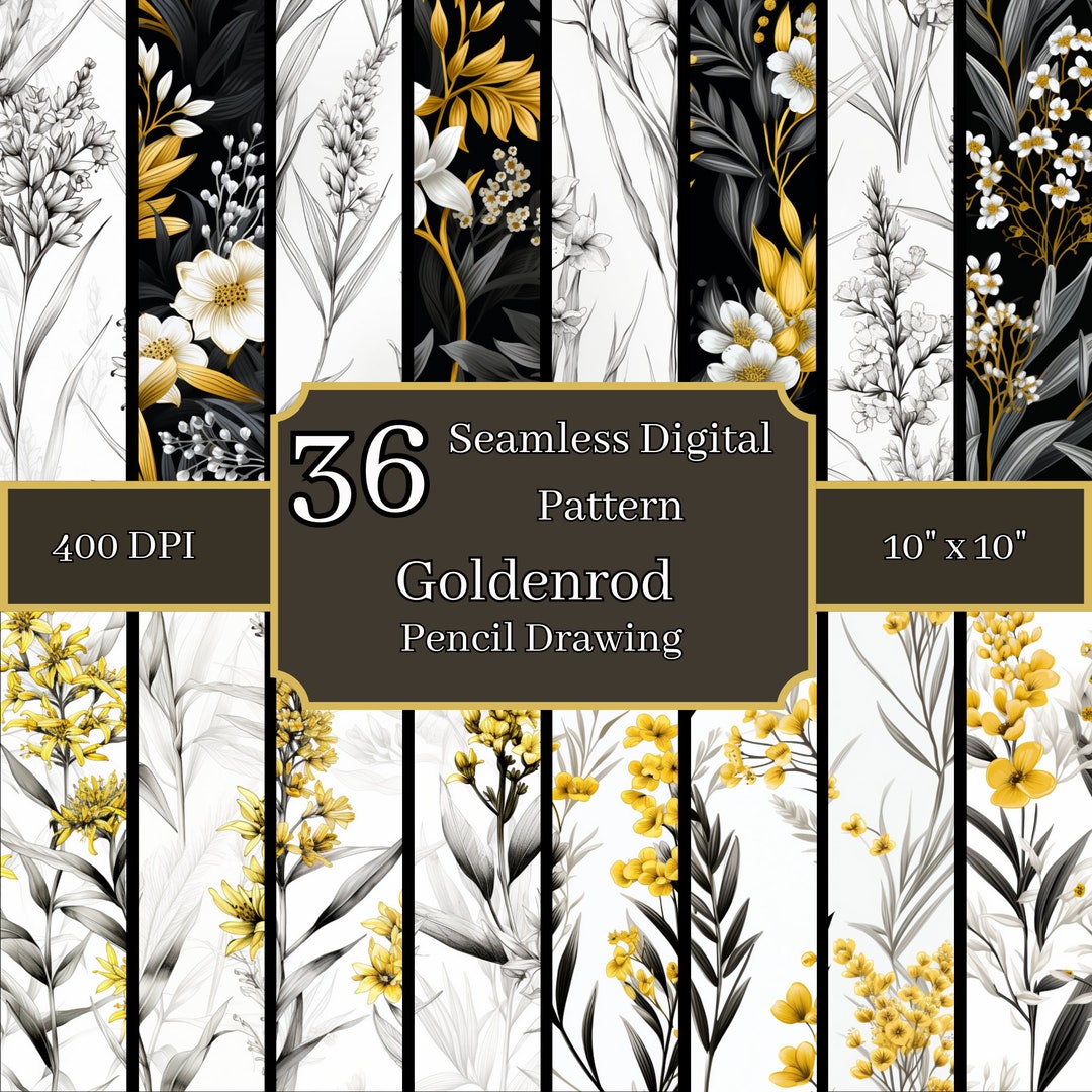 Goldenrod Pencil Drawing Seamless Patterns Bundle, High-resolution 400 ...