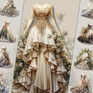 Lot de cliparts vintage robe de mariée florale, illustrations intemporelles d'élégance nuptiale au format PNG, téléchargement immédiat pour un usage commercial