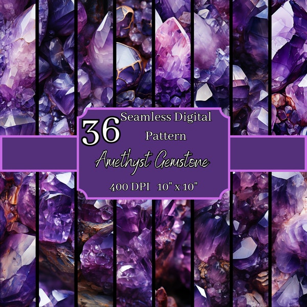 Amethyst Gemstone Seamless Patterns Bundle, Luxurious 400 DPI, 10x10 Inch Jewel-Toned Digital Backgrounds, For Commercial & Personal Use