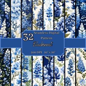 Bluebonnet nahtlose Muster Bundle, reichhaltige 400 dpi, 10 x 10 Zoll floralen digitalen Texturen, für kommerziellen & persönlichen Gebrauch